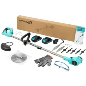 Akumulátorový křovinořez NITRONIX + 2x baterie + nože + kotouč + příslušenství + ochranné pomůcky