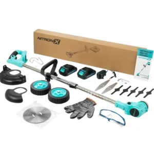 Akumulátorový křovinořez s kolečky NITRONIX + 2x baterie + nože + kotouč + příslušenství