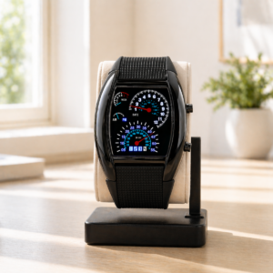 Binární LED hodinky v designu budíku závodního automobilu - černé