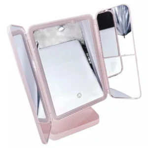 Kosmetické zrcátko NZ-911 s LED svícením a 360° otáčením - růžové