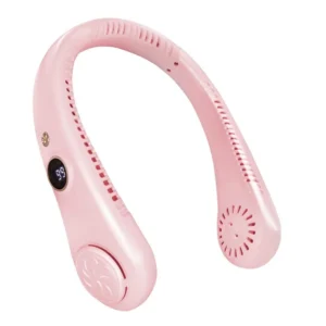 XINGHUA Přenosný dobíjecí ventilátor na krk s 5 rychlostmi a LED displejem - růžový