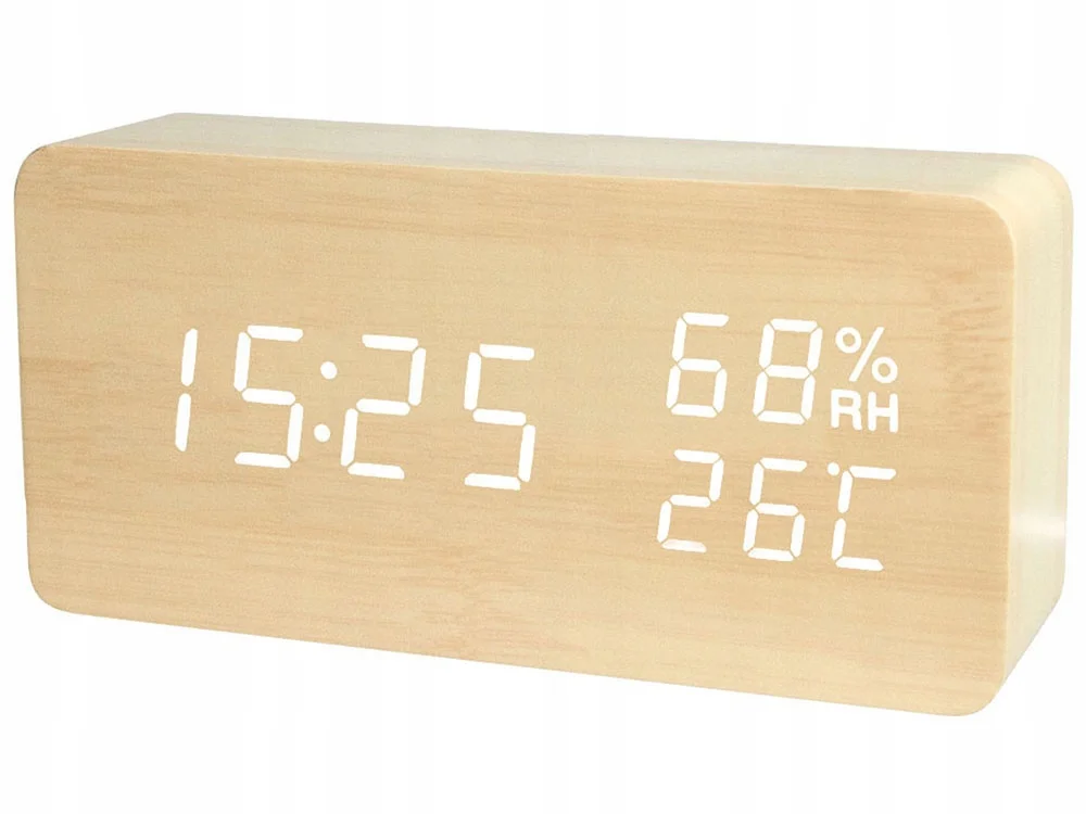 Elektronický budík s teploměrem a vlhkoměrem VERK - USB - dřevěný dekor - Obrázek 2